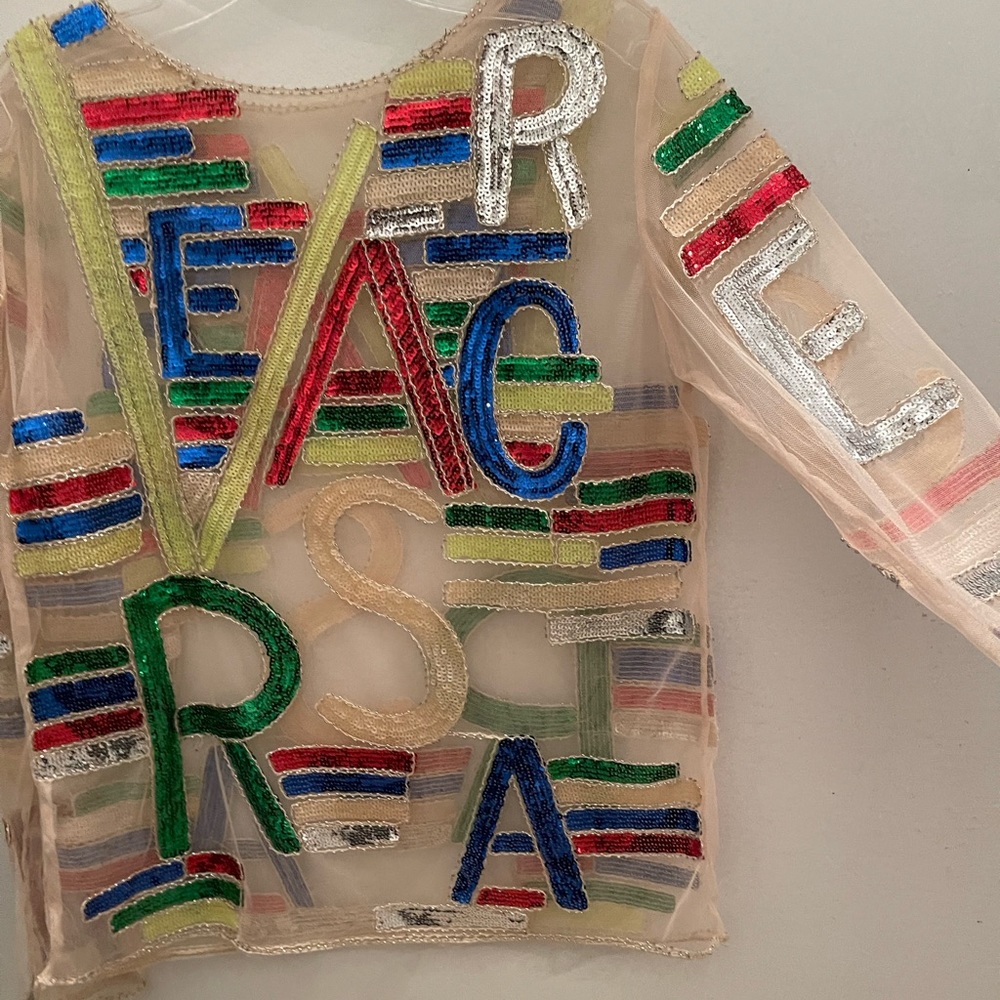 Runway Colorful Letters Women Luxury Beading, Sheer Long Sleeve Party Blouses